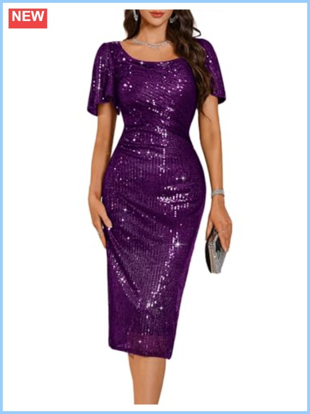 Sequin Formal Cocktail Midi Dress Ruffle Short Sleeve Bodycon Fitted